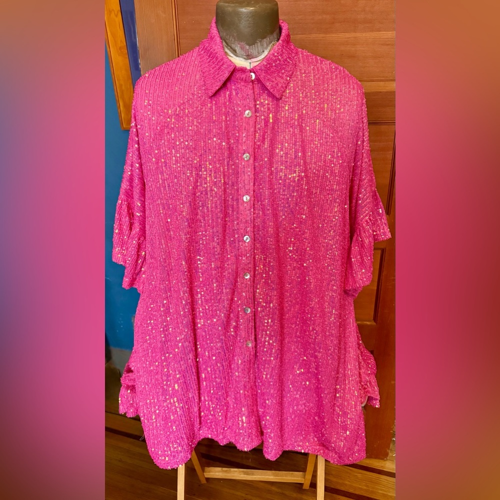 Fantastic Fawn. Vibrant sequin Pink Button-Down Shirt